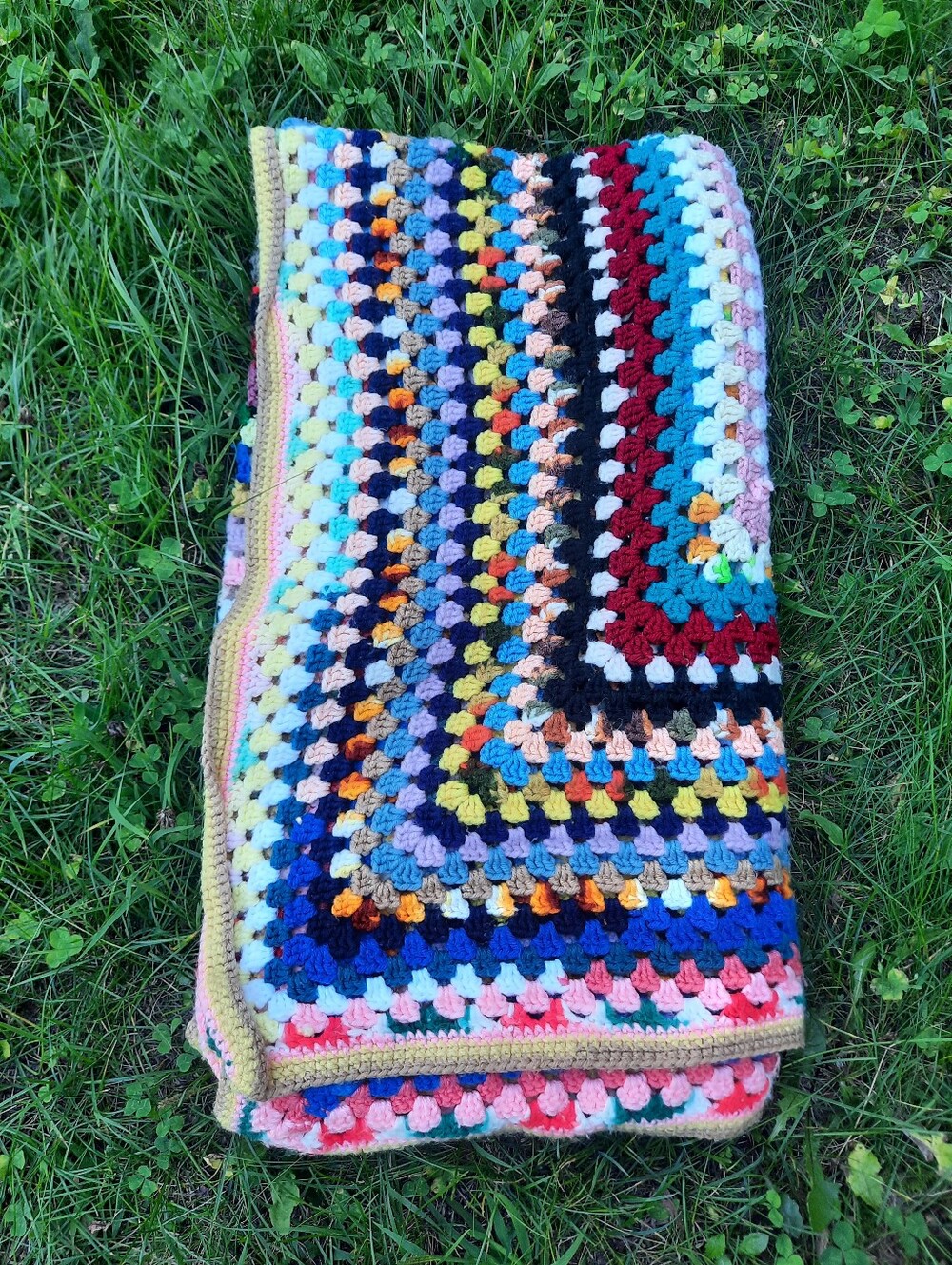 Vintage MCM Handmade Crocheted Multicolor Square Striped Afghan Throw Blanket